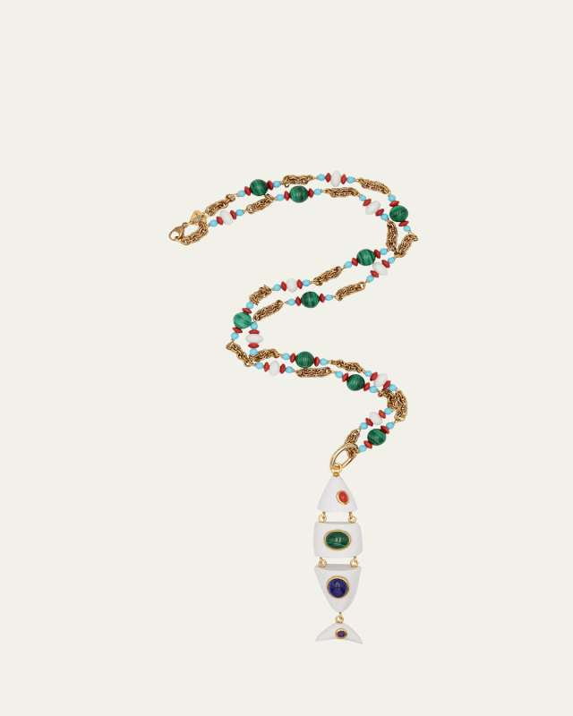 Fish Charm Necklace with Resin, Lapis Lazuli, Malachite and Amethyst